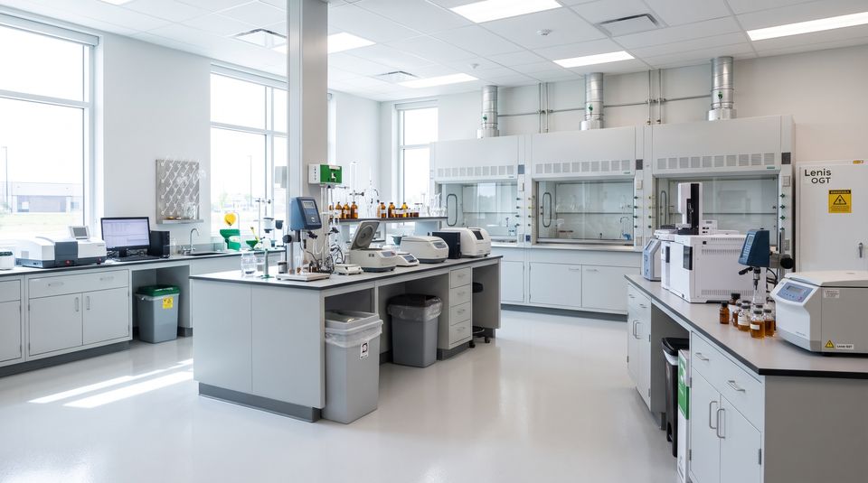Müasir mebel və sorucu şkaflarla təchiz olunmuş işıqlı neft sınaq laboratoriyası